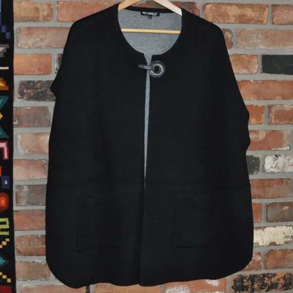 Picadilly Canada Warm Woven Knit, Black & Grey Open Jacket Poncho Cape Shawl S - Picture 1 of 6